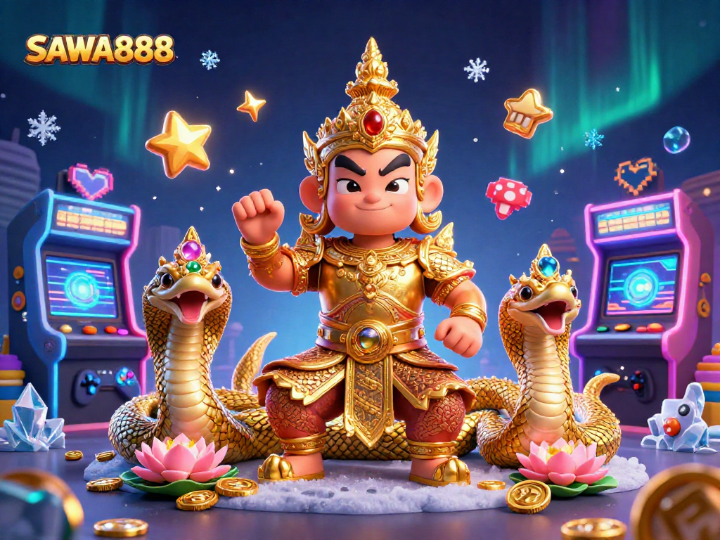 Join the excitement at SAWA888 with a vibrant 3D casino scene featuring a friendly yaksha guardian amidst dynamic gaming elements.