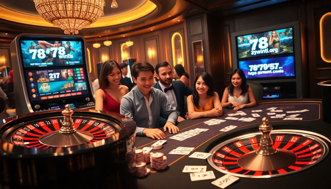 Engage in thrilling gameplay at https://78wintl.org/ with luxurious casino elements and players enjoying poker and slots.