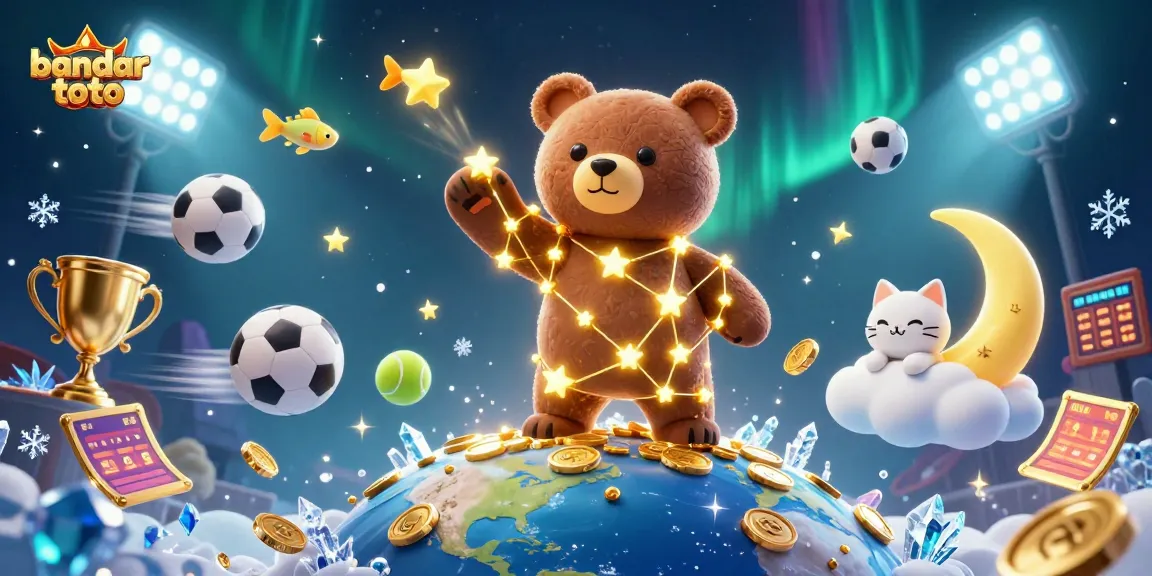 Engage with bandar toto's thrilling gambling experience as a constellation bear scoops coins amid vibrant sports elements.
