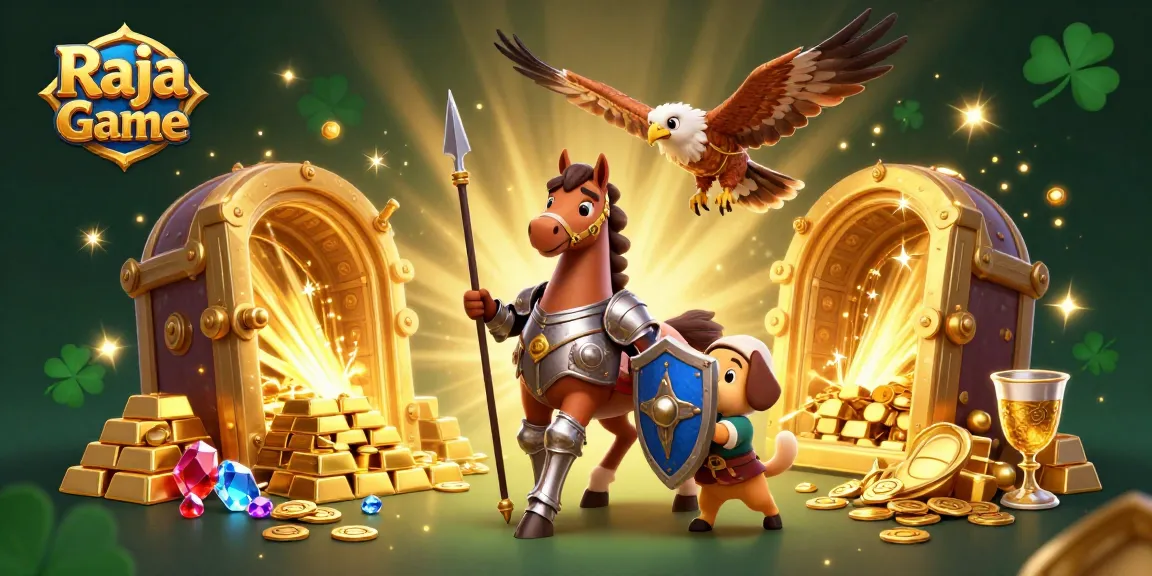 Engage in thrilling gameplay on Raja Game, featuring medieval characters and treasure amidst vibrant casino elements.