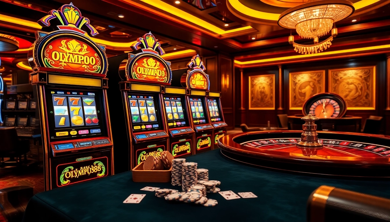 Players enjoying the slot OLYMPUS88 games in a vibrant casino environment with antique charm and bright lights.