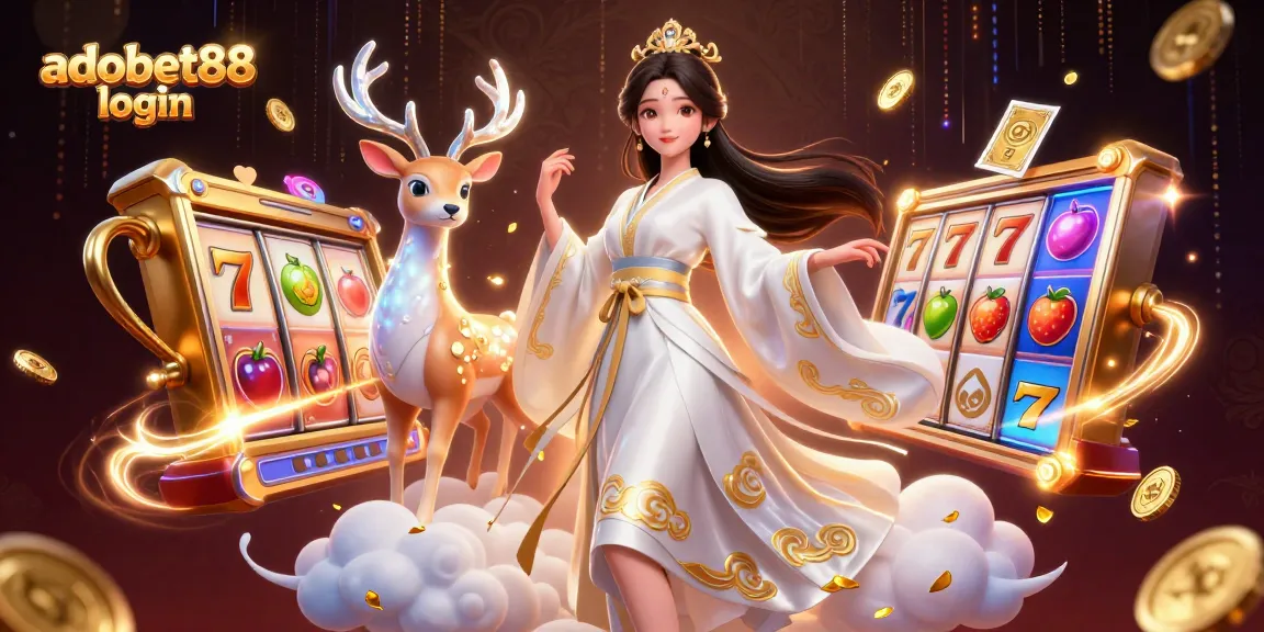 Experience big wins with adobet88 login; beautiful Asian woman and celestial deer in vibrant slot casino scene.