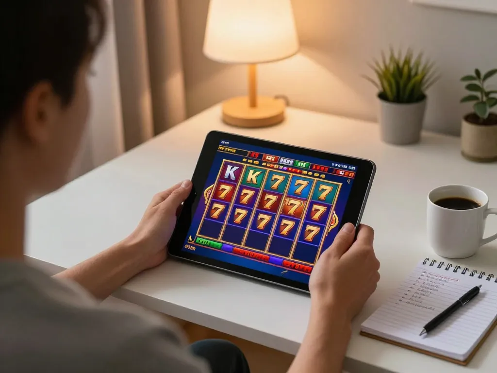Pemain yang terlibat menikmati slot KING777 di tablet dalam pengaturan rumah yang nyaman sambil mengelola strategi taruhan