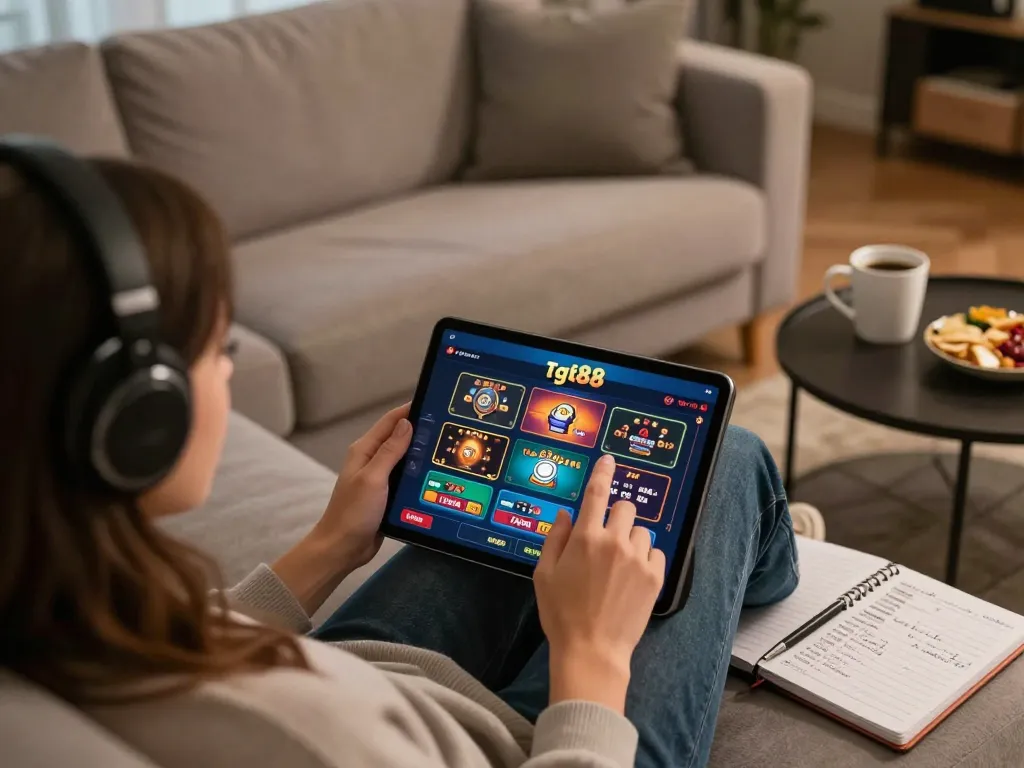 Engaging tg88 user enjoying online casino games on tablet in cozy living room atmosphere