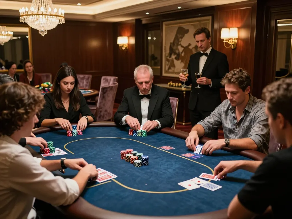 Các người chơi poker KO66 tham gia vào một trò chơi có cược cao, những chip đầy màu sắc được xếp chồng, không khí sòng bạc sang trọng