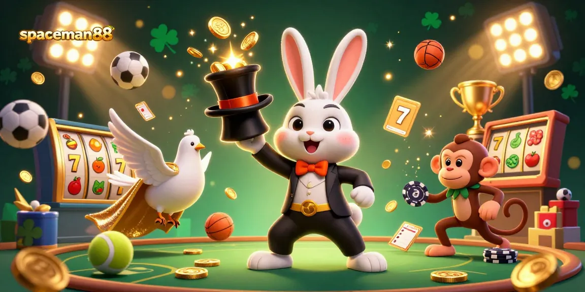 Experience the excitement of spaceman88 with a magical rabbit, sparkling coins, and vibrant casino elements.