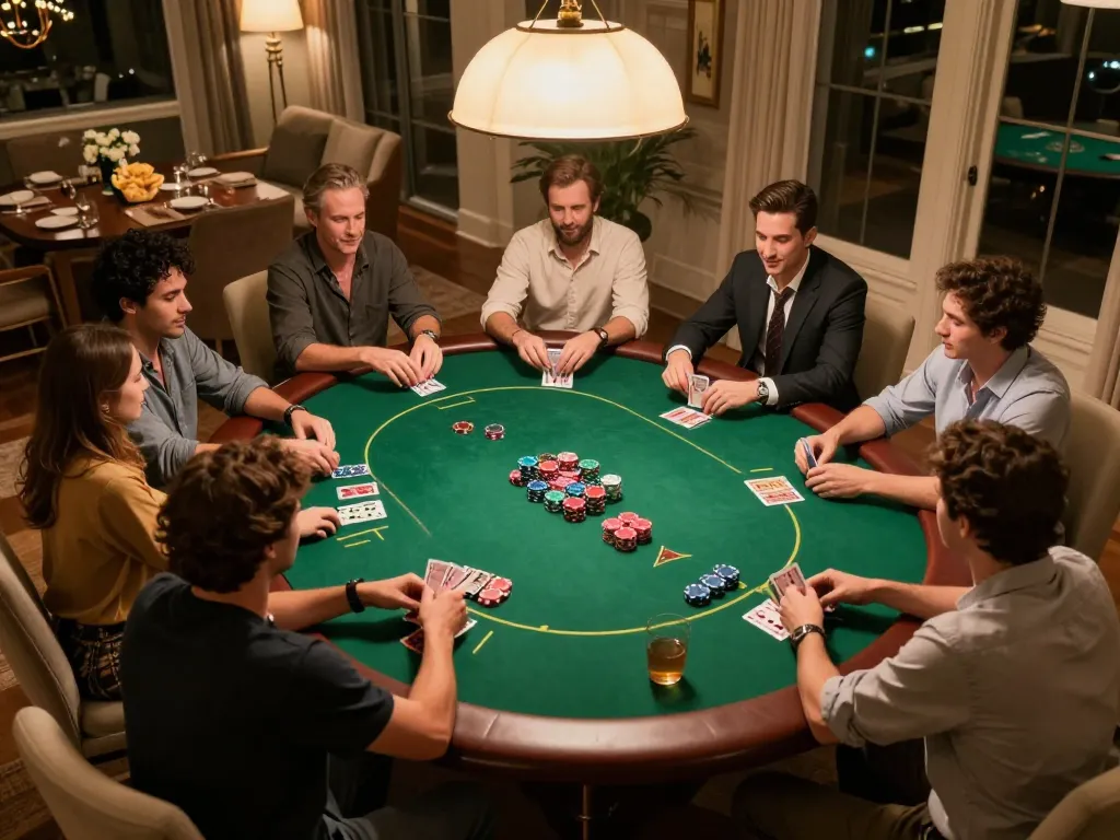 Friends enjoying a poker game at home with f8beta2 chips and cards, showcasing strategic gameplay