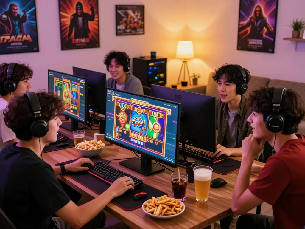 Friends enjoying interactive online gaming, exploring situs slot gacor excitement.