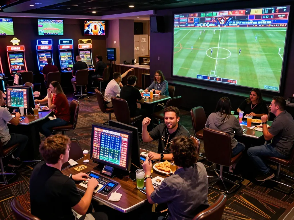 Enthusiastic bettors engaging in sports betting at a casino, with B52 odds displayed prominently