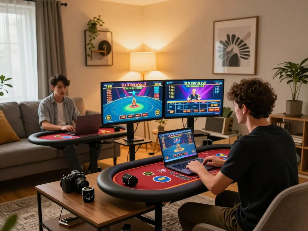 Engaged user playing F168BET online casino games on laptop, warm home atmosphere with gaming setup.