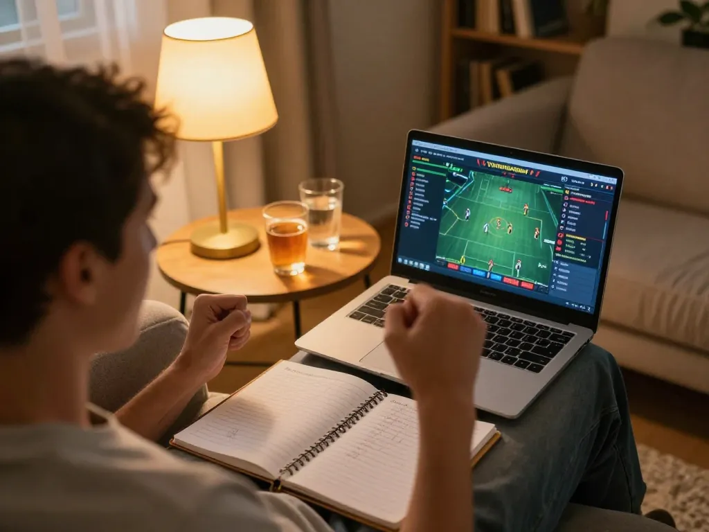 Player enjoys sports betting on MPOSPORT laptop with strategy notes in cozy home setting