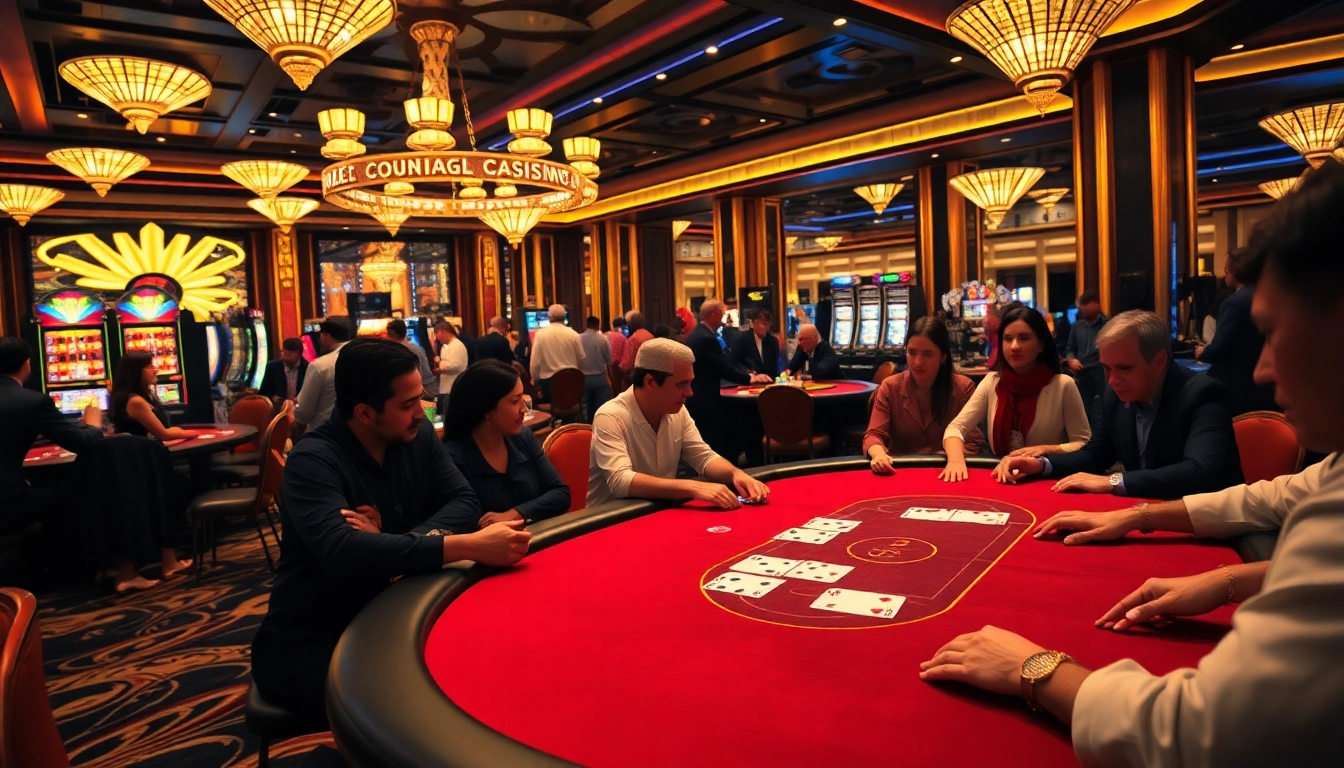 Players enjoying a high-stakes poker game at a luxurious casino while embracing the thrilling atmosphere of 7M.