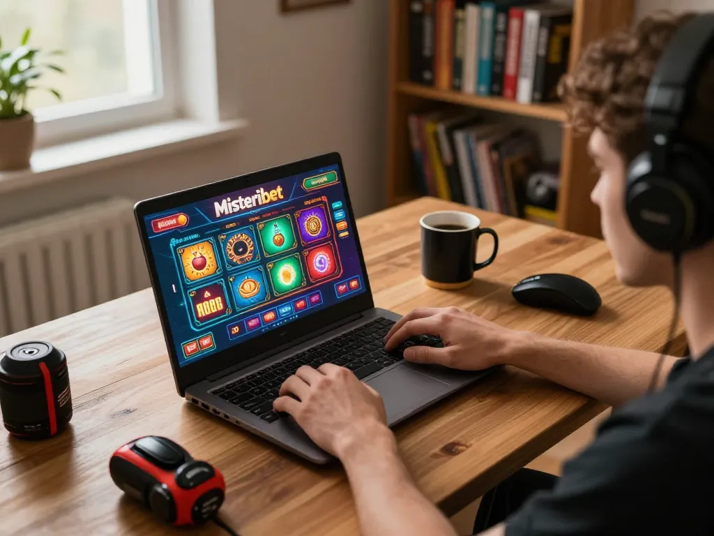 Engaging in online gaming with almlive on a laptop, cozy atmosphere with strategy books.