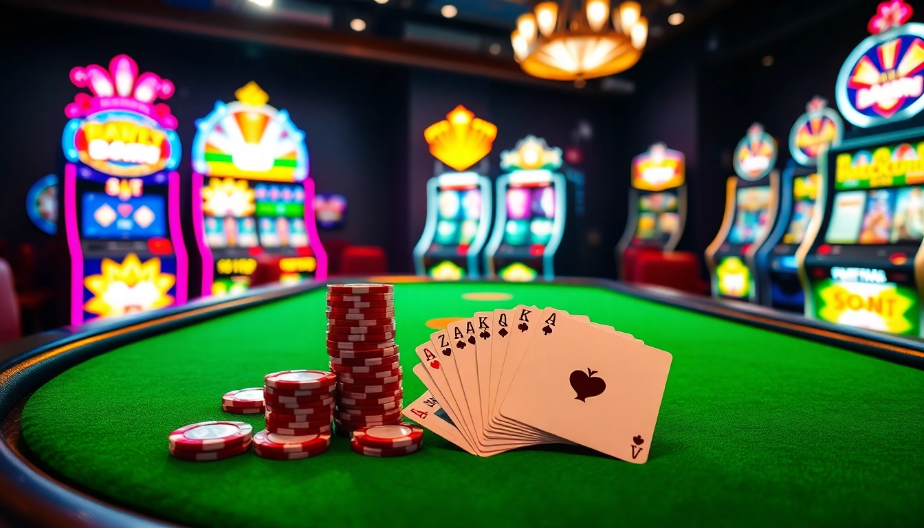 Experience excitement at 79king with colorful poker chips and vibrant slot machines in a luxurious casino.