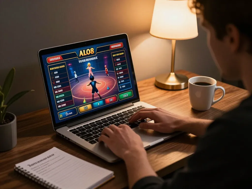 Person engaging in ALO8 online casino gaming on a laptop, showcasing strategic play.