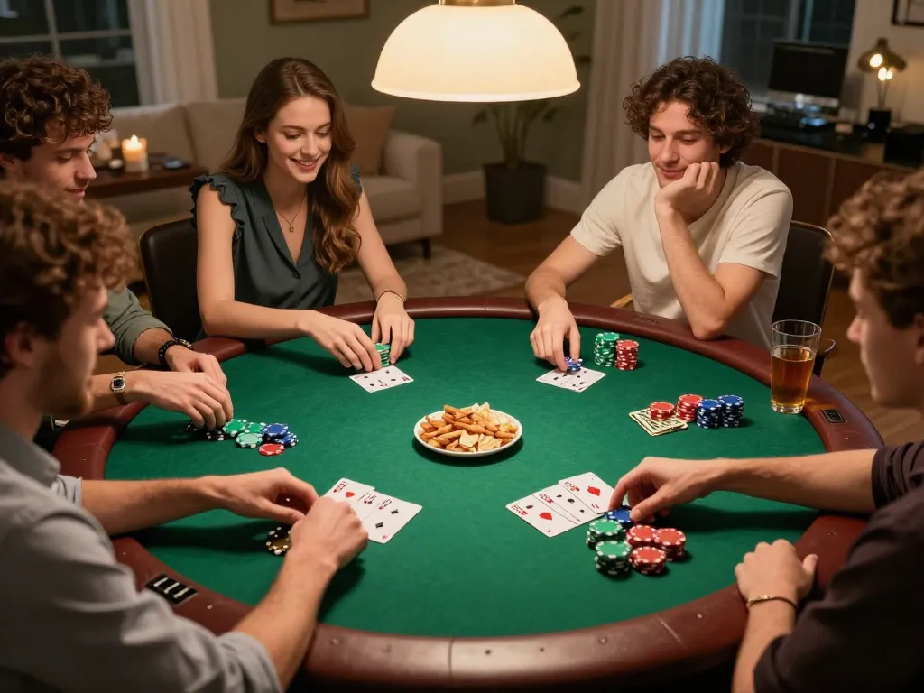 hubet poker game at home with friends featuring vibrant chips and casual atmosphere