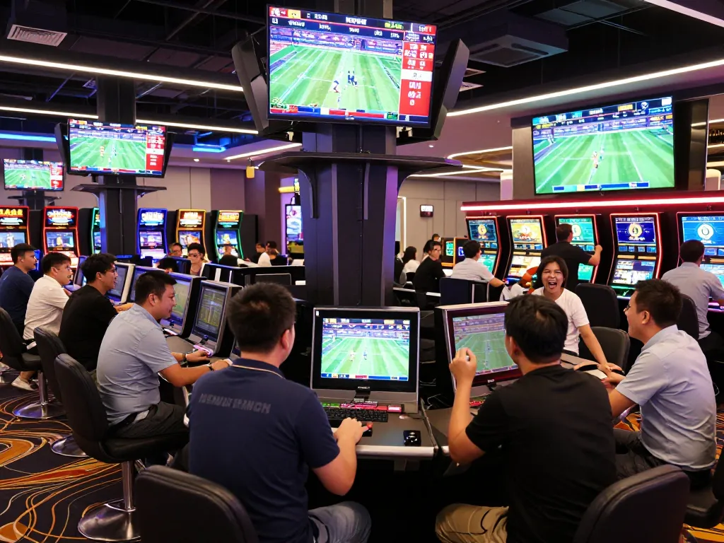 May88 sports betting scene with enthusiastic bettors placing wagers in a lively casino atmosphere