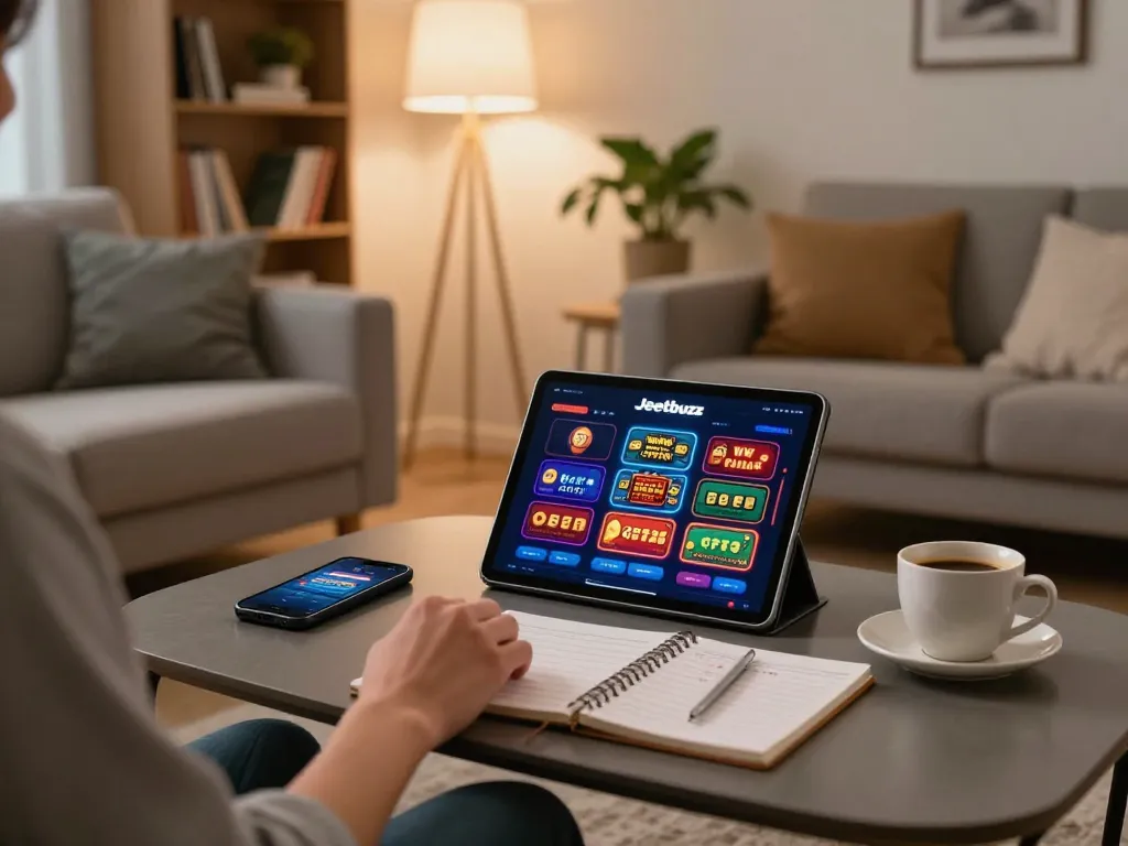 Player using the Jeetbuzz App on a tablet at home, surrounded by betting strategy notes and a warm atmosphere.