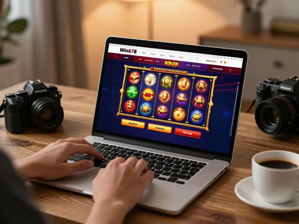 Win678 player engaging with exciting online slot games on a modern laptop.