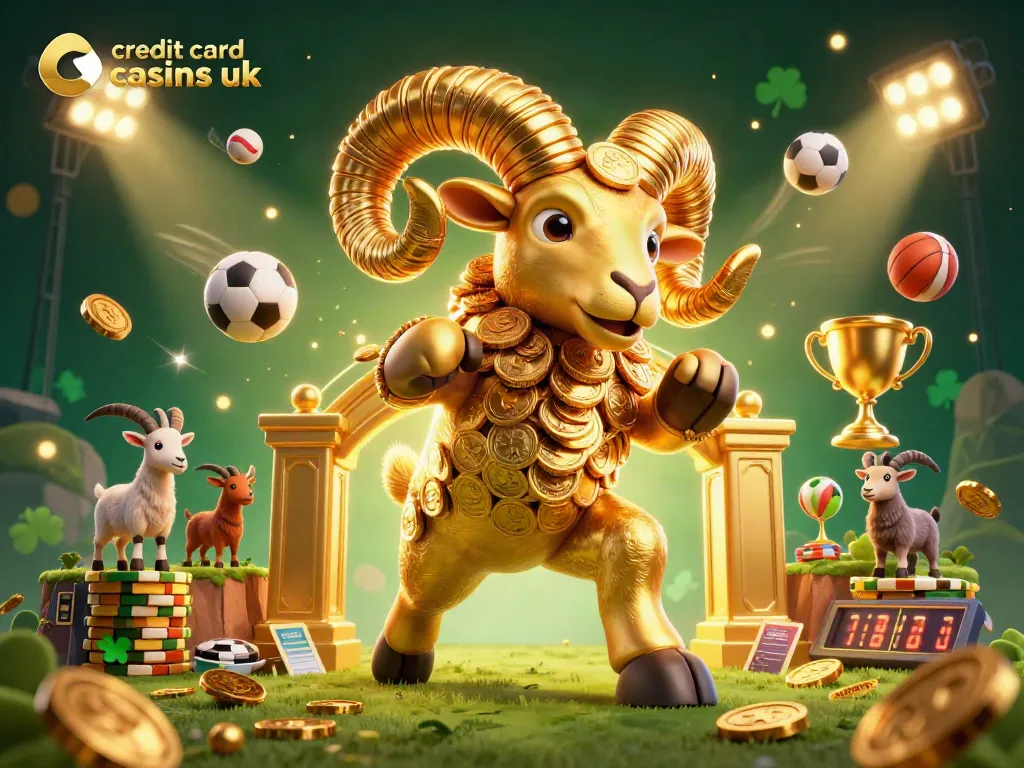Experience excitement at credit card casinos uk with a golden ram charging through a vibrant sports-themed scene.
