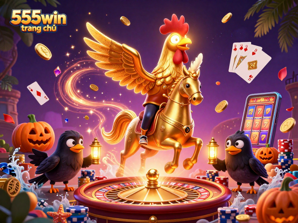 Join the excitement at 555win trang chủ as golden rooster characters and casino elements converge in a lively scene.