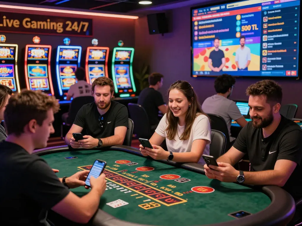 Exciting online gaming experience at alev casino 105.com with players enjoying live blackjack and colorful slot machines.