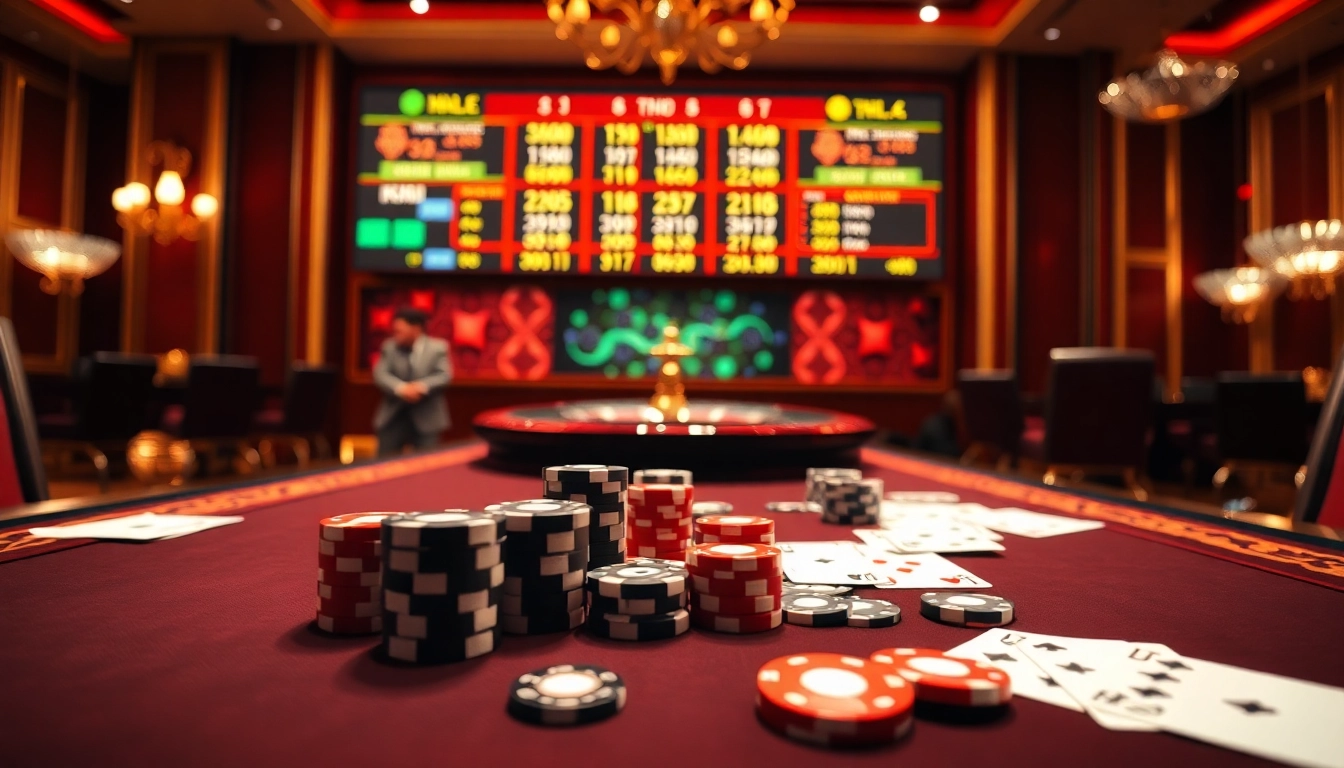 Experience captivating gameplay on luongsontv with vibrant casino elements like poker chips, dice, and roulette.