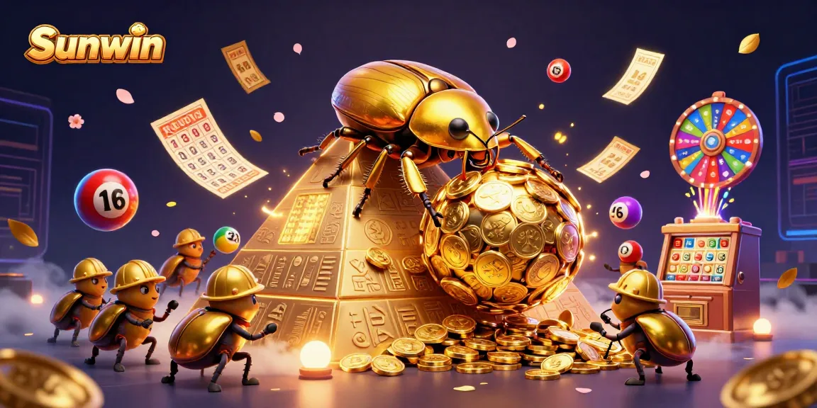 Sunwin's golden beetle rolls coins while colorful lottery elements celebrate vibrant gaming.