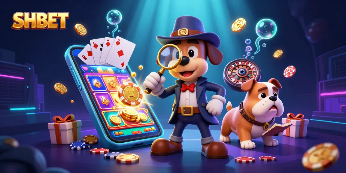 SHBET detectives uncovering golden poker chip clues amidst vibrant casino elements and treasures.