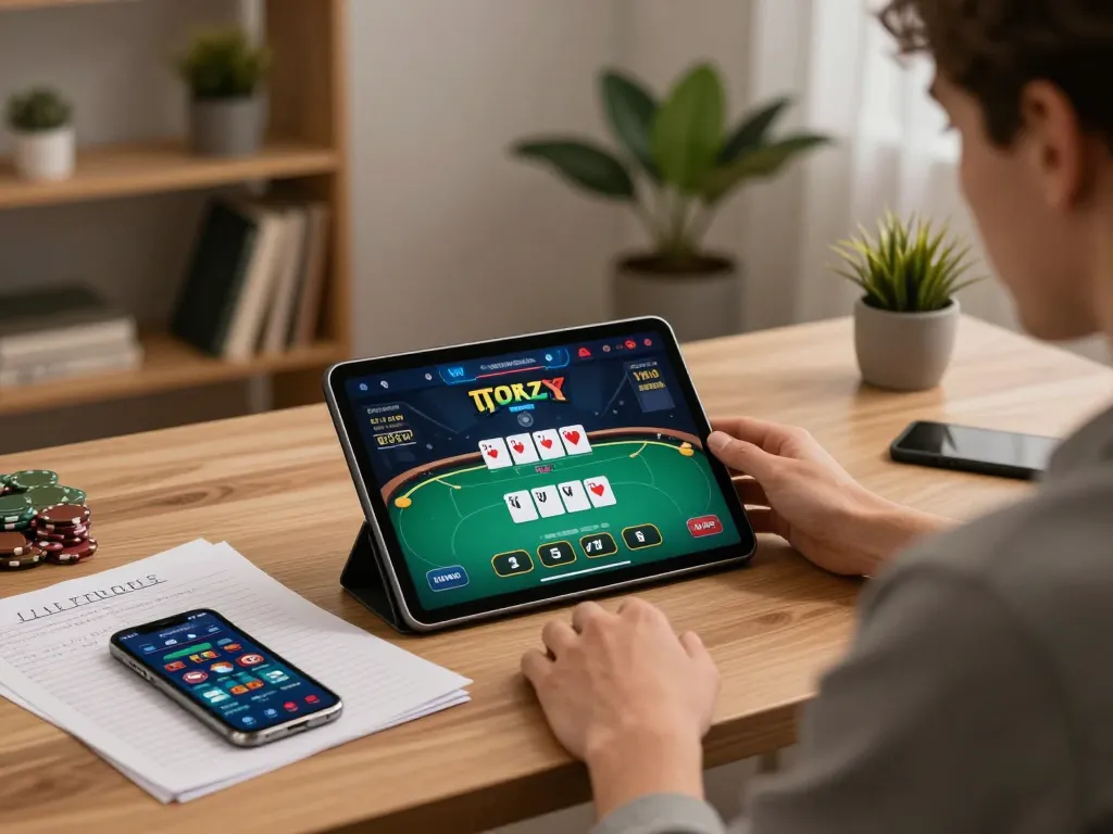 Engage with https://tr88k.com/ poker gameplay on a stylish tablet in a modern home office setting.