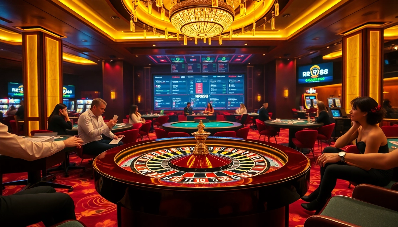 Players experiencing the excitement of RR88 at a vibrant casino table with poker chips and cards.