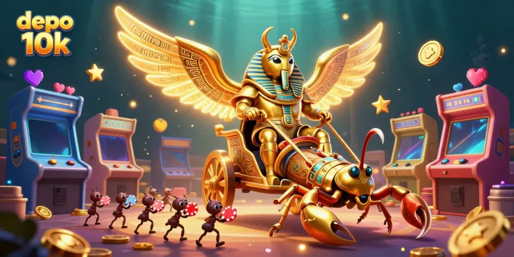 Ilustrasi kasino 3D menunjukkan beetle scarab emas yang megah dan chariot, menggambarkan tema depo 10k.