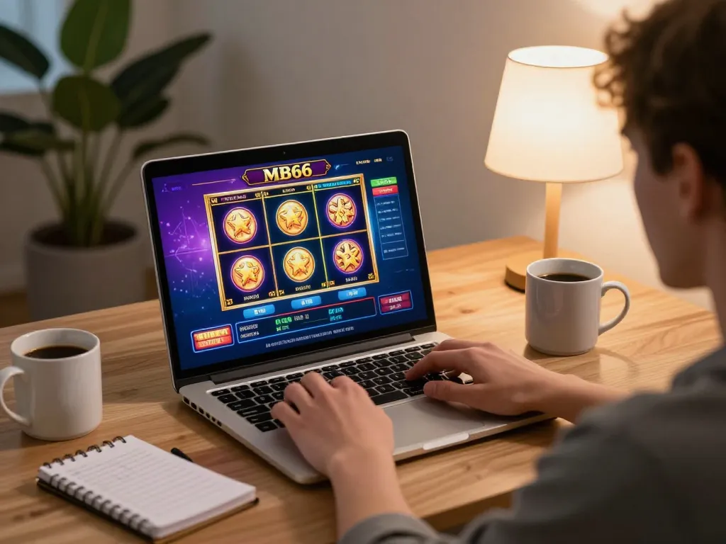 Engaging in MB66 online gaming with a cozy setup showcasing slots interface and strategic notes