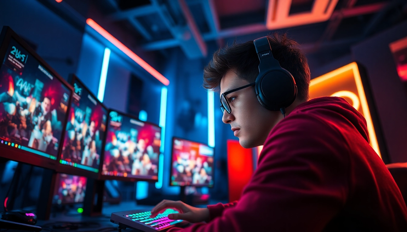Higame enthusiast playing in a vibrant gaming setup with dual monitors and vivid RGB lighting.