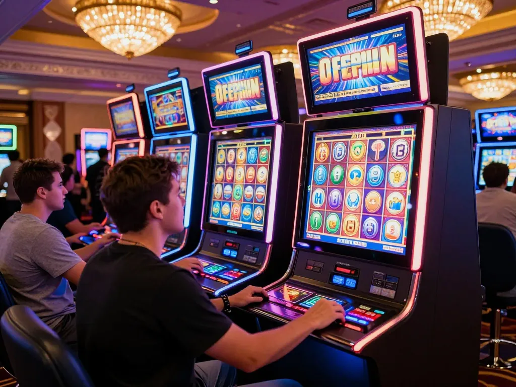Player excitedly enjoying the free spins casino bonus on slot machines in a vibrant casino atmosphere