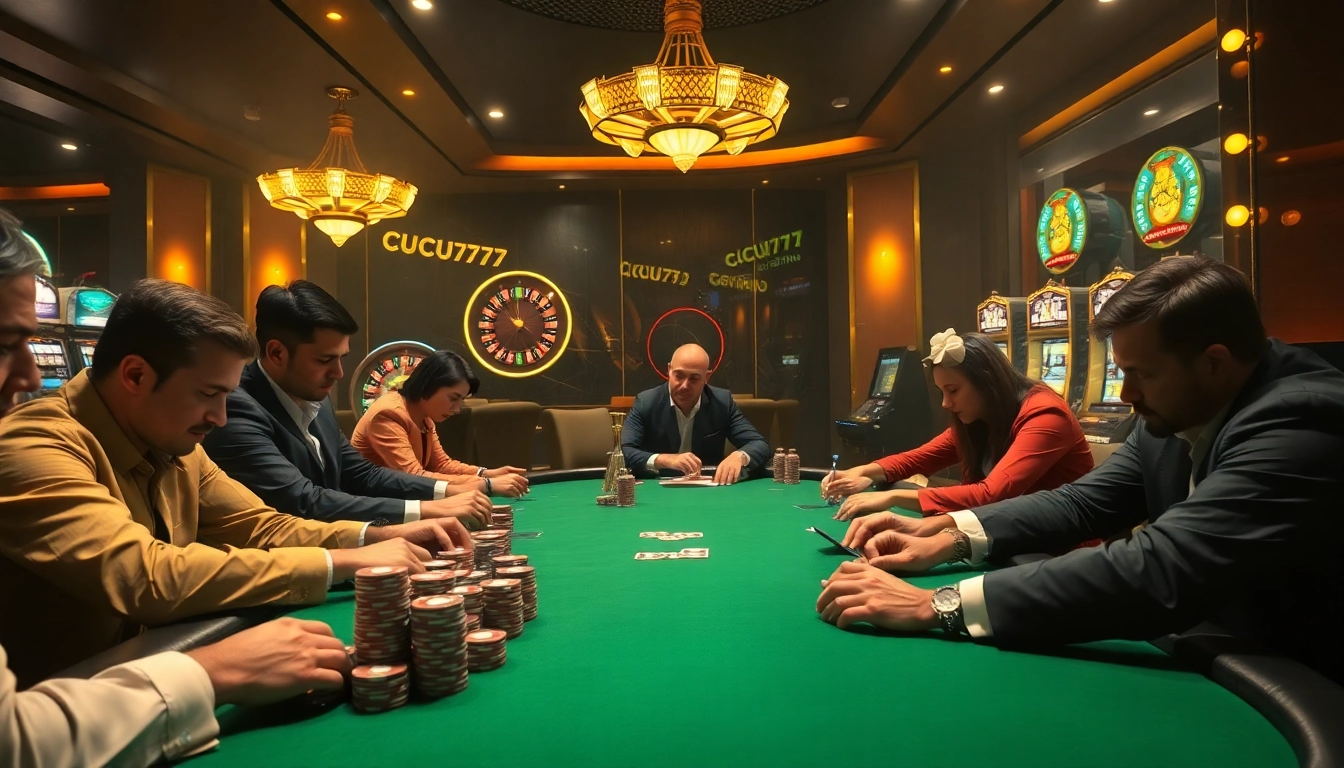 Cucu777 players engage intensely at a poker table in an upscale casino setting.