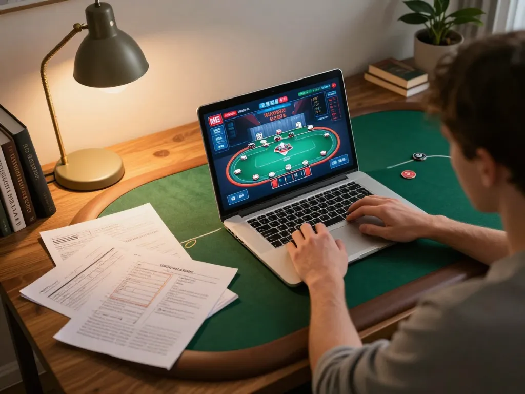 Player mastering sunwin online poker strategy at home with personal notes and warm lighting.