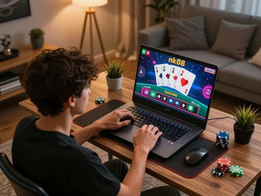 Player enjoying online casino gaming at nk88 with vibrant cards and chips on screen in a cozy setting.