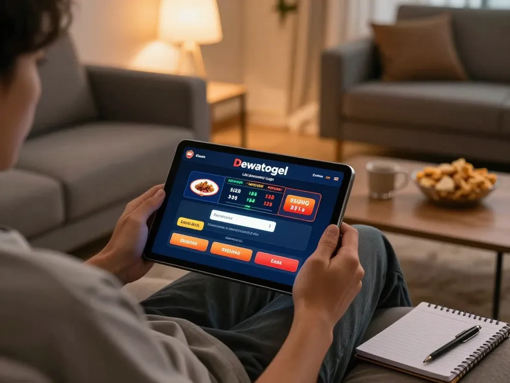 Dewatogel Link Alternatif Login Terbaru displayed on a tablet for online gaming, showing user-friendly interface and betting options.