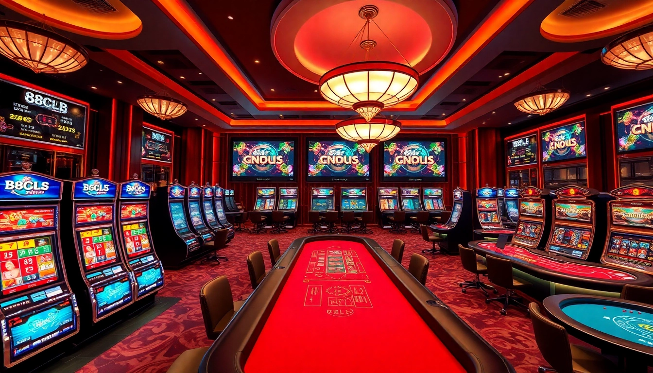 Experience the excitement of 88clb with a vibrant casino atmosphere featuring engaging gaming tables and slot machines.