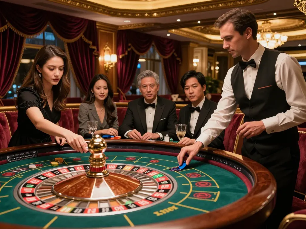 Players excitedly wager at the du88 roulette table in an elegant casino lounge, showcasing an engaging atmosphere.
