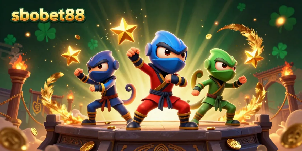 Engage in thrilling moments with sbobet88 as ninja chameleons display skillful martial arts in a vibrant casino scene.