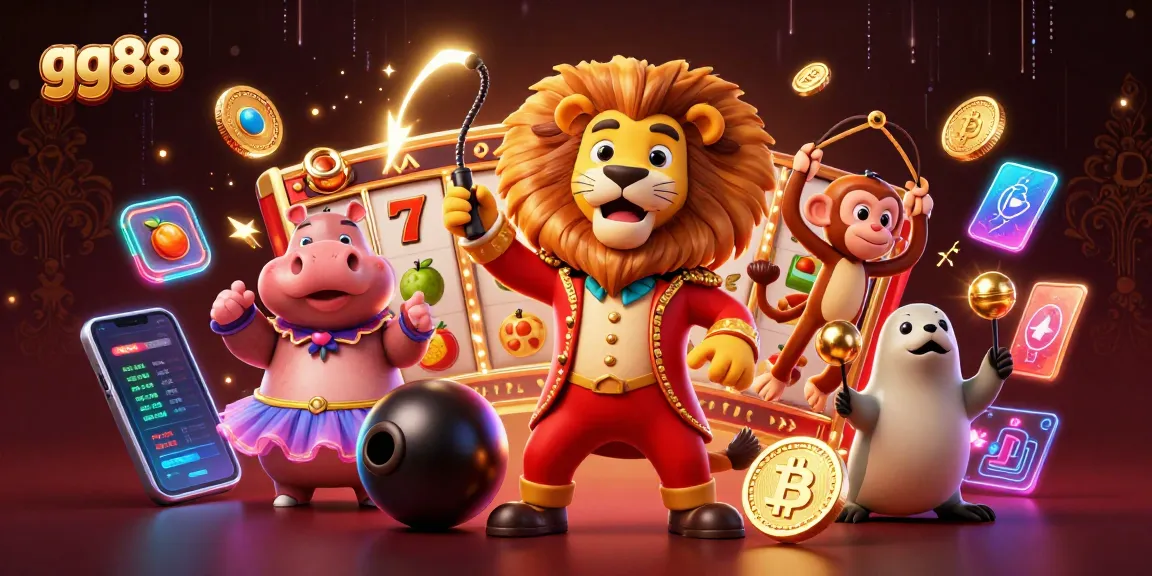 Engage with slot games at gg88 featuring vibrant illustrations of a circus theme and crypto elements.