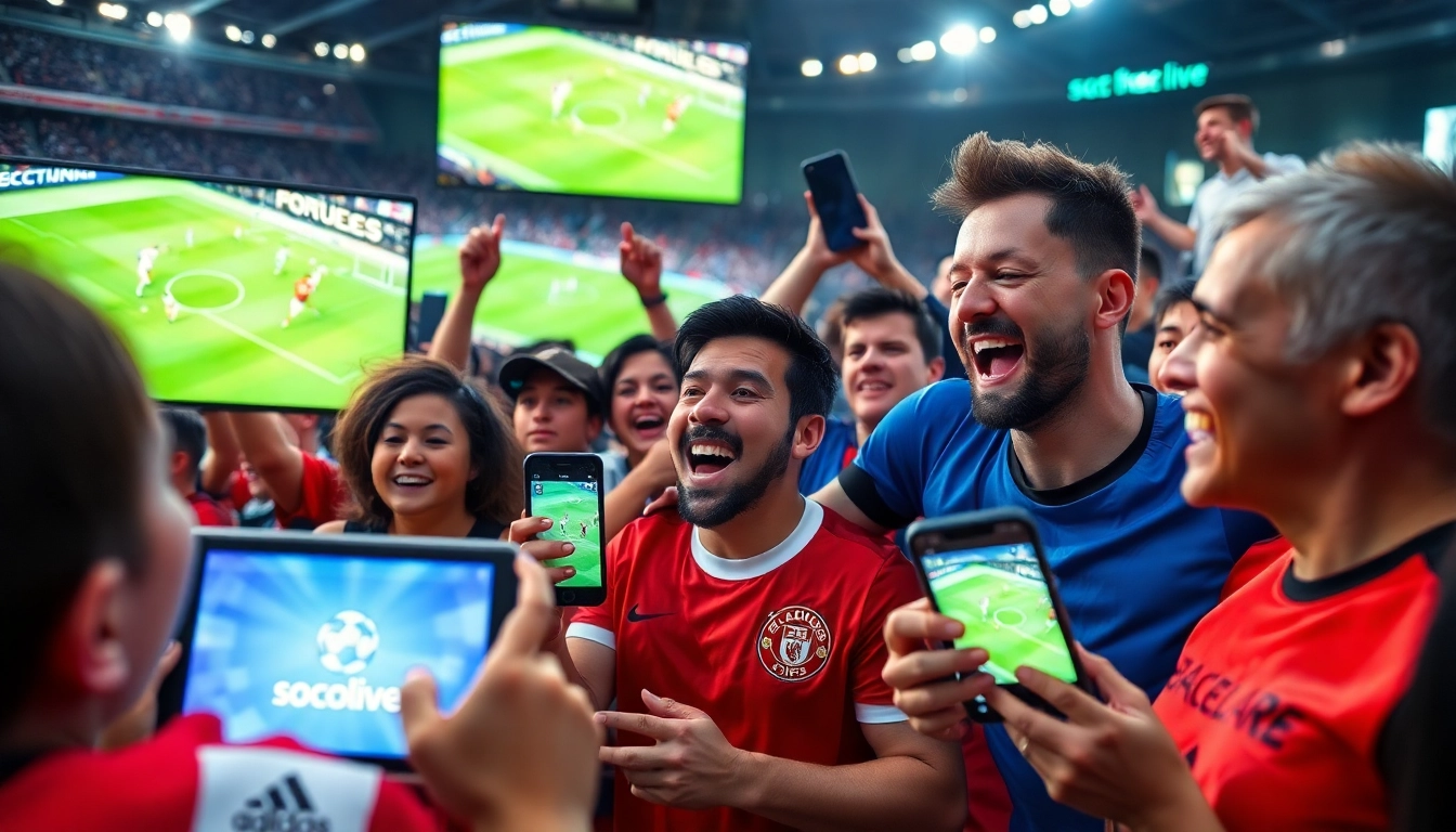 Fans enjoying a live football match on Socolive across various devices in a vibrant, lively atmosphere.