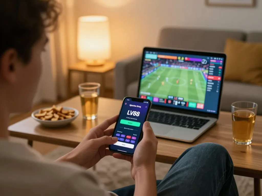 Engaging user interacting with LV88 sports betting app in a cozy living room, strategizing bets.