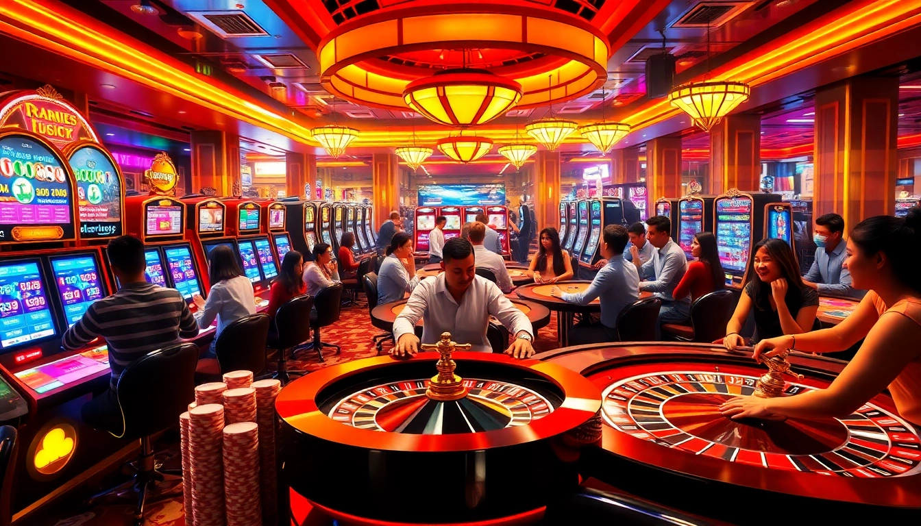 A vibrant casino scene full of excitement featuring i9bet slot machines, poker tables, and diverse gamblers.