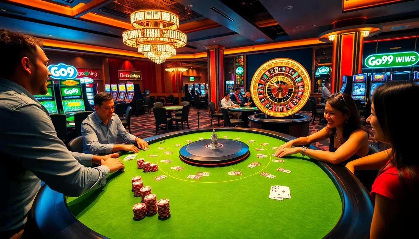 Engaged players at a Go 99 poker table with vibrant chips and cards in a luxurious casino.