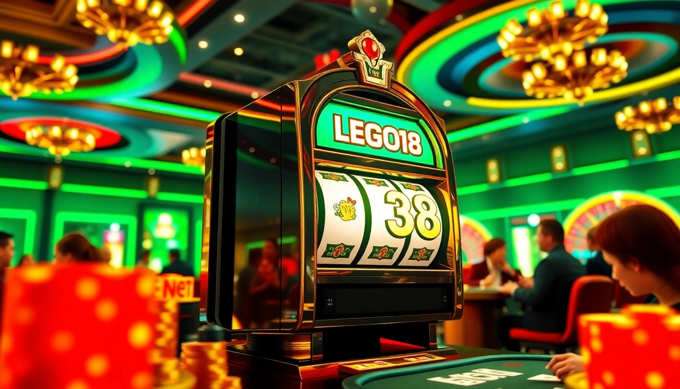 Players celebrating wins at LEGO138 slot machine in a vibrant casino atmosphere.