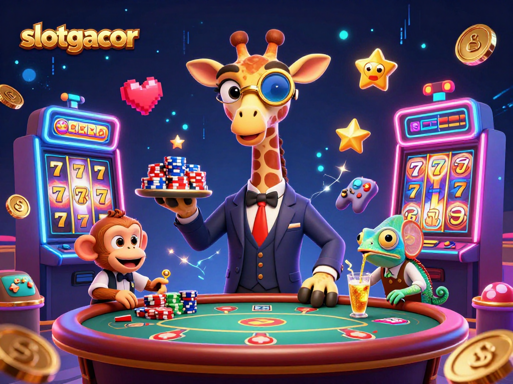 Engage in thrilling slotgacor adventures as a high-roller giraffe amidst vibrant casino elements.