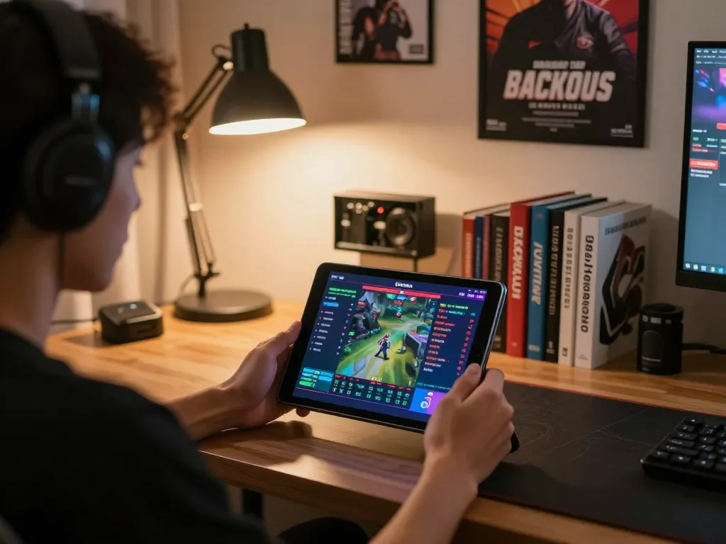 Engaging in esports betting singapore on a tablet with vibrant game odds displayed in a cozy study.